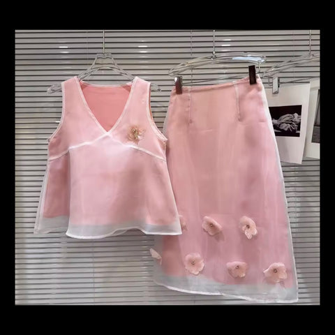 Women Sexy Sleeveless Pink 3D Floral Two Piece Skirt Set