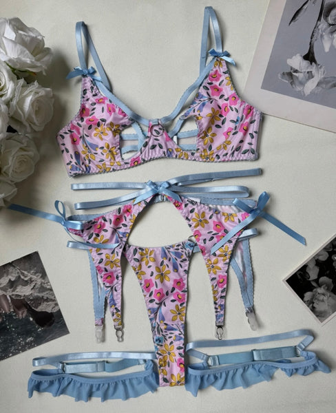 Women Sexy Blue Floral Cut Out Lingerie Set