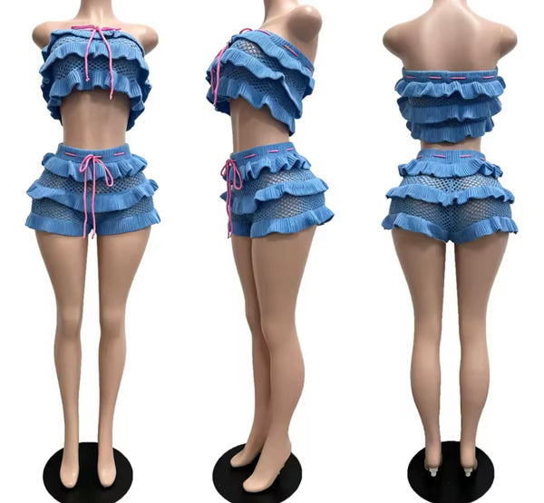Women Sexy Strapless Tie Up Ruffled Knitted Two Piece Short Set