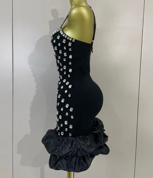 Women Sexy Sleeveless Ruffled Rhinestone Bandage Dress