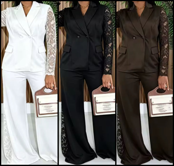 Women Lace Patchwork Blazer Two Piece Pant Set
