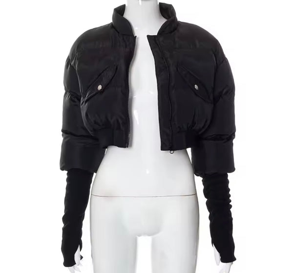 Women Color Fashion Puff Crop Jacket