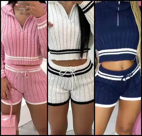 Women Color Striped Full Sleeve Fashion Two Piece Short Set