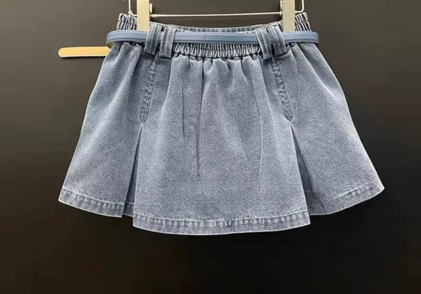 Women Denim Rhinestone Button Up Two Piece Skirt Set