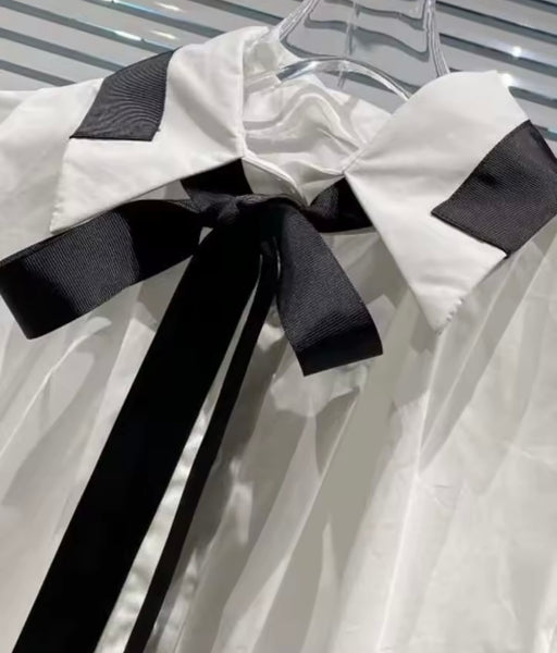 Women White/Black Button Up Tie Full Sleeve Top