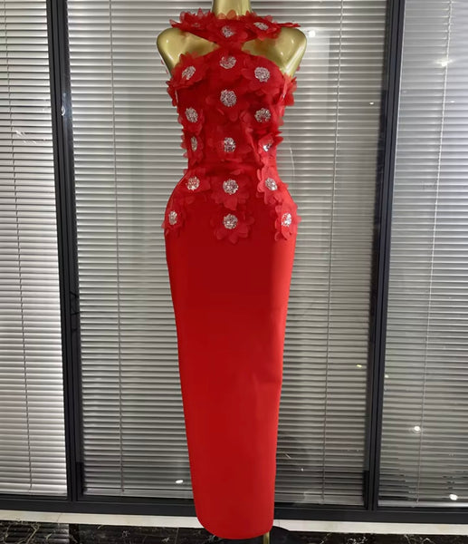Women Sexy Sleeveless Floral Rhinestone Maxi Dress
