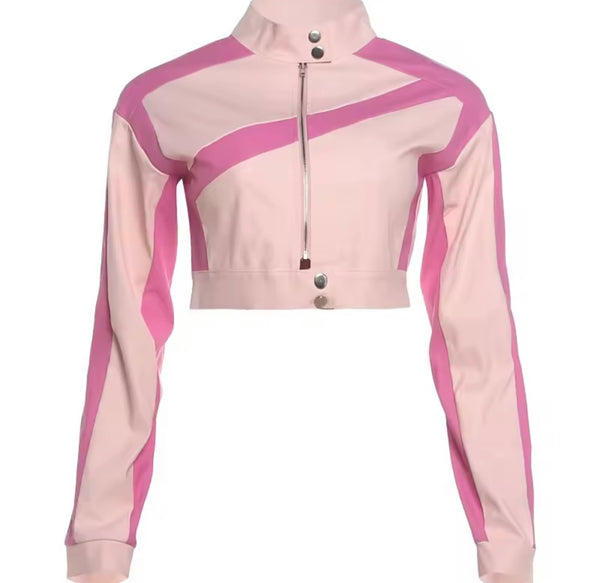 Women Pink Fashion Zip Up Button Faux Leather Crop Jacket