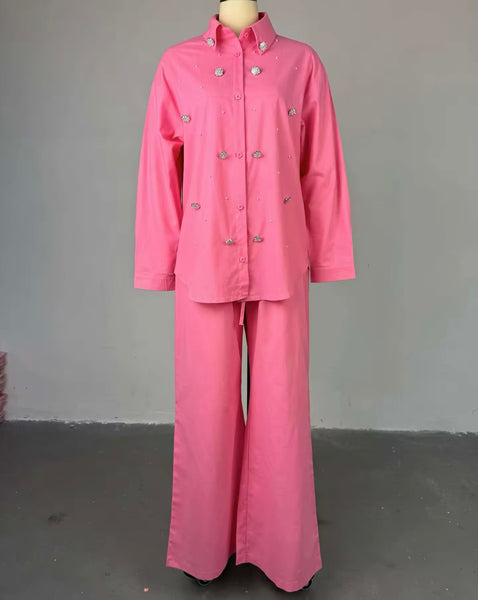 Women Button Up Full Sleeve Beaded Bling Two Piece Pant Set