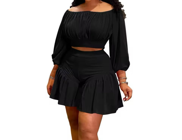 Women Solid Color Off The Shoulder Two Piece Short Set