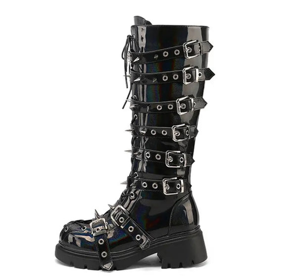 Women Fashion Platform Buckled Lace Up Knee High Boots