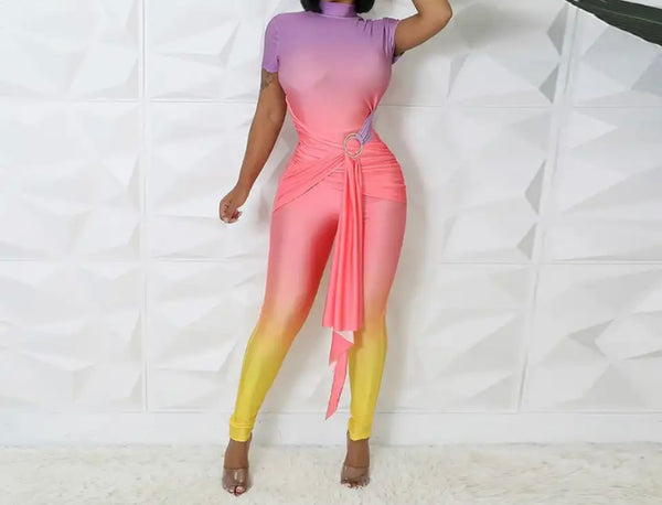 Women Sexy Short Sleeve Colorful Gradient Tie Up Jumpsuit