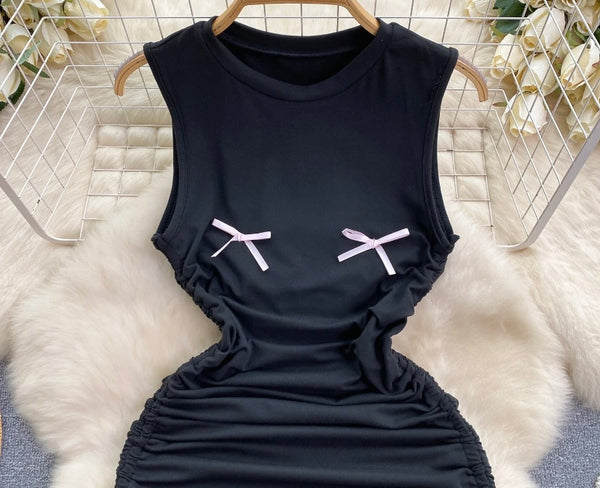 Women Sexy Fashion Bow Drawstring Sleeveless Dress