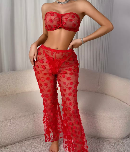 Women Red Sexy Strapless Floral Mesh Three Piece Lingerie Set