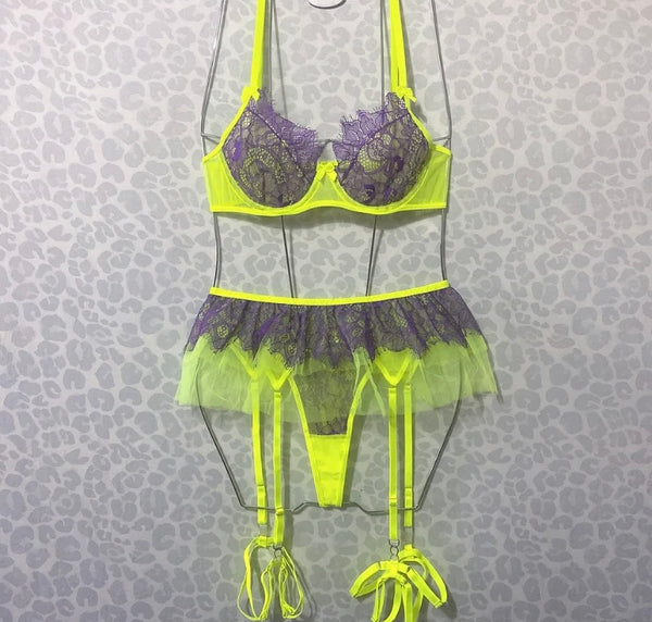 Women Sexy Lace Mesh Neon Color Patchwork Lingerie Set