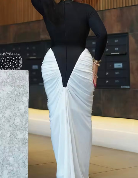 Women B&W Patchwork Ruched Full Sleeve Sexy Maxi Dress