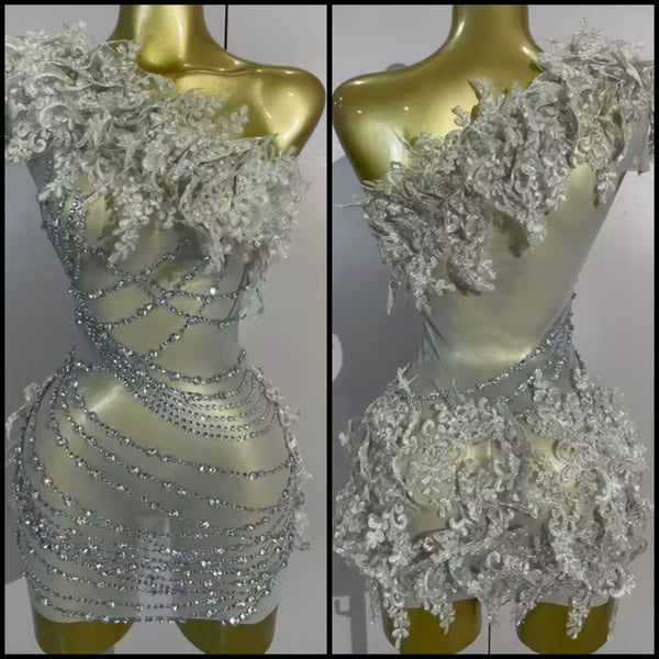 Women Sexy One Shoulder Sleeveless Rhinestone Dress