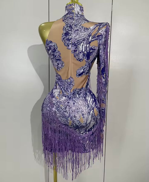 Women Sexy Purple One Shoulder Rhinestone Mesh Tassel Dress