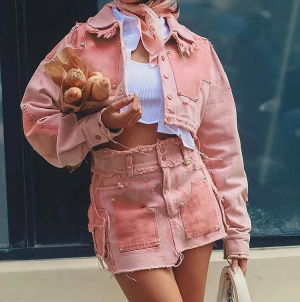 Women Fashion Color Patchwork Two Piece Denim Jacket Skirt Set