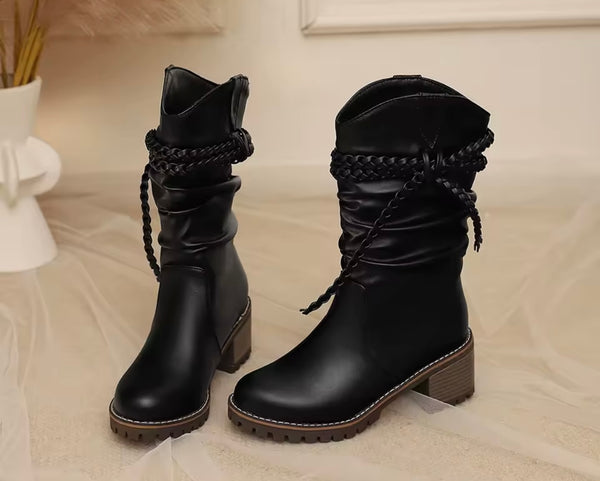 Women Fashion Ruched Rope Faux Leather Ankle Boots