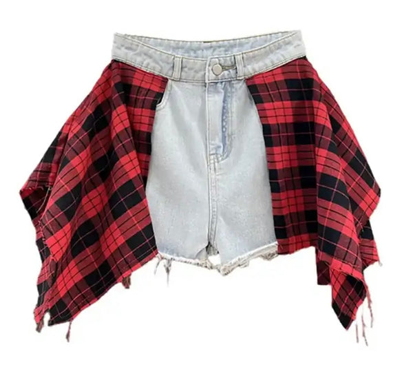 Women Fashion Plaid Patchwork Denim Shorts