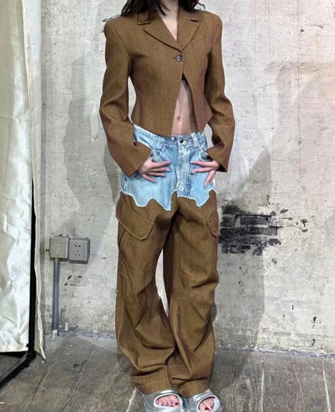 Women Fashion Two Piece Full Sleeve Blazer Denim Patchwork Pant Set