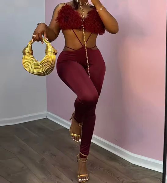 Women Sexy Feather Sleeveless Open Back Jumpsuit