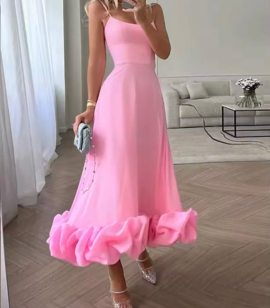 Women Sexy Sleeveless Solid Color Ruffled Maxi Dress