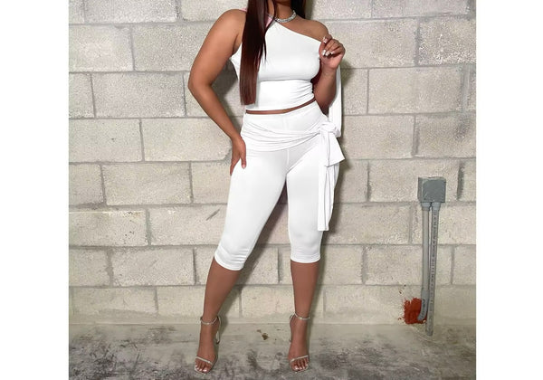 Women Sexy Solid Color Tassel Sleeveless Two Piece Capri Pant Set