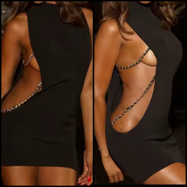 Women Sexy Black Sleeveless Chain Short Dress