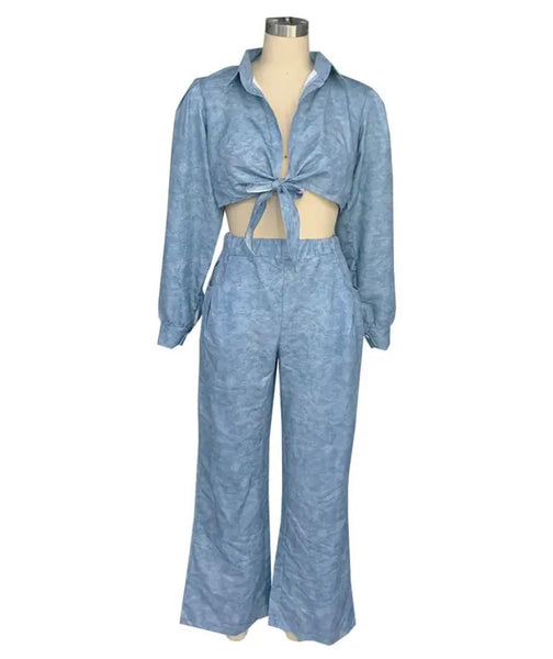 Women Color Full Sleeve Crop Two Piece Fashion Pant Set