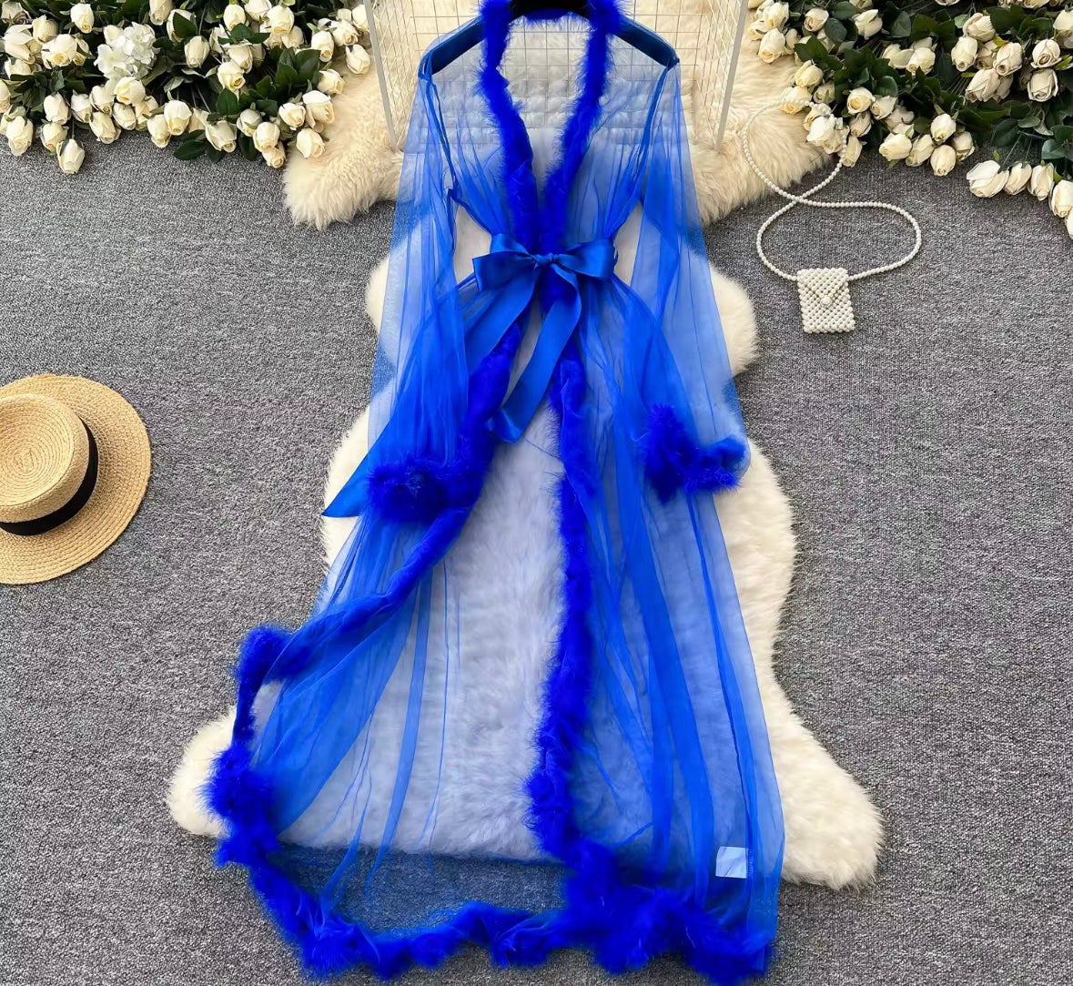 Women Sexy See Through Feather Mesh Lingerie Set
