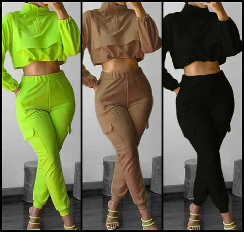 Women Fashion Full Sleeve Crop Two Piece Cargo Pant Set