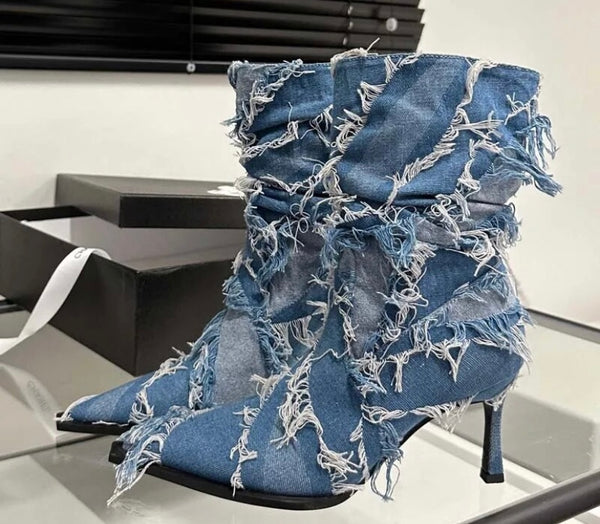 Women Fashion Fringe Color Patchwork Denim Ankle Boots