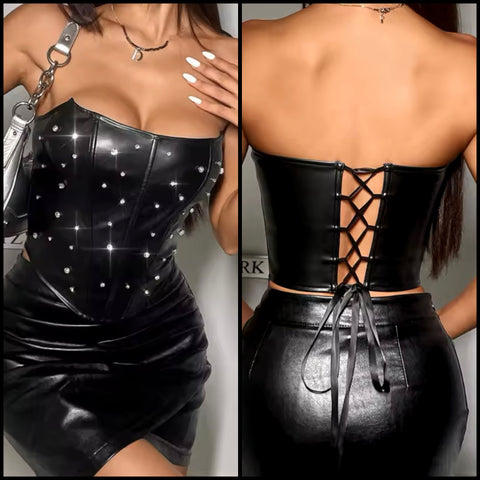 Women Black Bling Strapless Faux Leather Corset Top