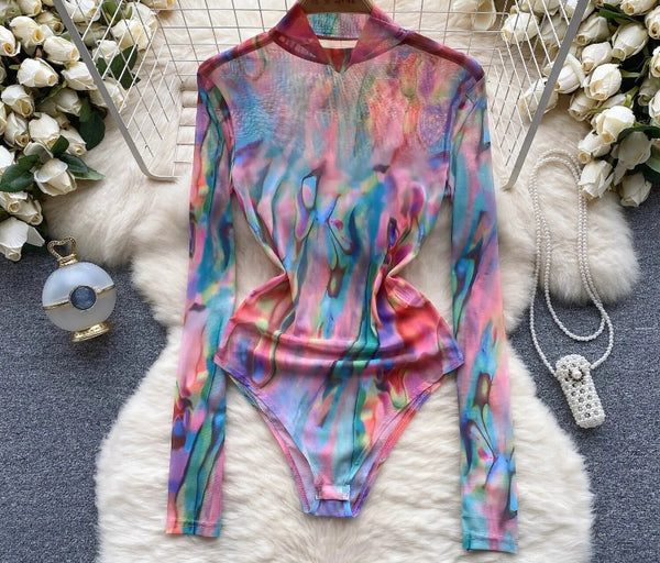 Women Multicolored Full Sleeve Fashion Mesh Bodysuit Top