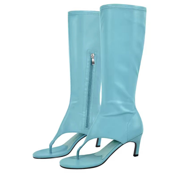 Women Color Fashion Open Toe Zip Up Faux Leather Boots