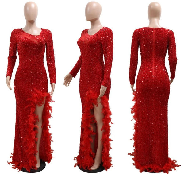 Women Sexy Sequins Side Slit Mesh Patchwork Full Sleeve Feather Dress