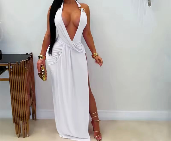 Women Sexy Metal V-Neck Halter Maxi Dress