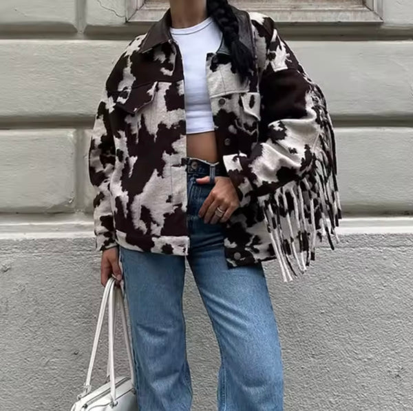 Women Fashion Animal Print Fringe Tassel Jacket