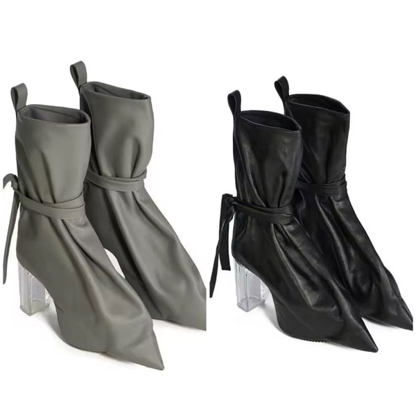 Women Pointed Toe Faux Leather Clear Square Heel Ankle Boots