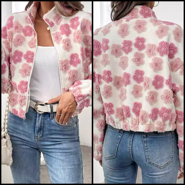 Women Zip Up Pink Floral Fashion Jacket