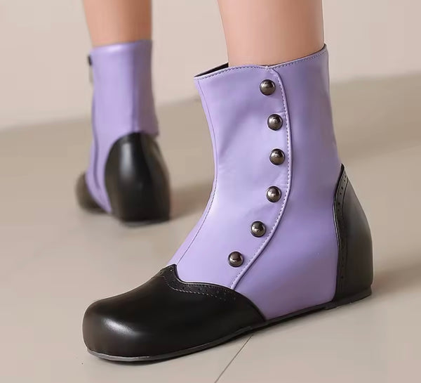 Women Color Patchwork Rivet Fashion Flat Ankle Boots