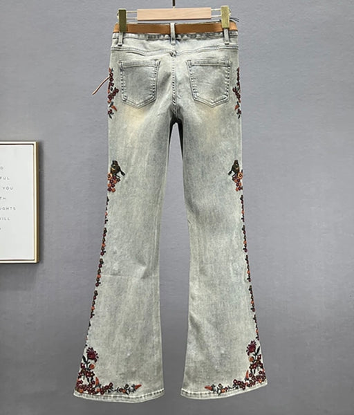 Women Fashion Embroidery Gem Print Denim Pants