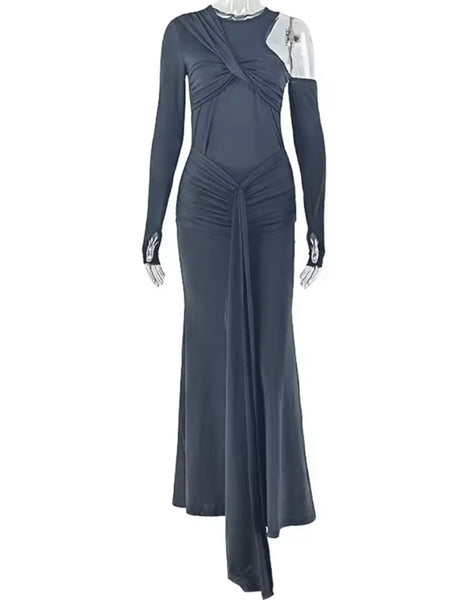 Women Sexy Ruched Tassel Full Sleeve Maxi Dress