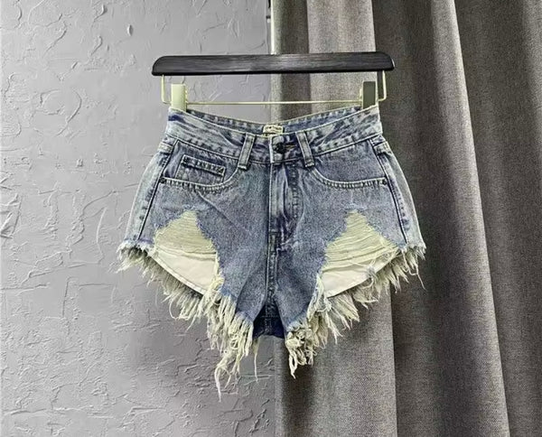 Women Fashion Ripped Fringe Denim Shorts