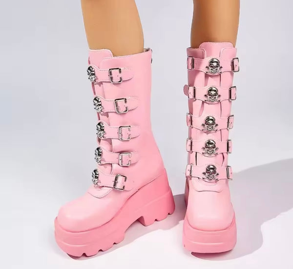 Women Fashion Pink Rivet Buckle Platform Mid Length Boots