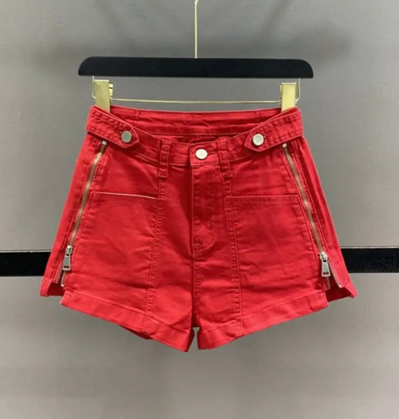 Women Red Fashion Zipper Denim Shorts