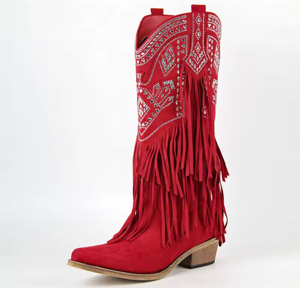 Women Fashion Suede Bling Fringe Tassel Western Boots