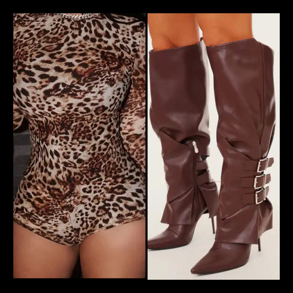 Women Pointed Toe Buckled Fashion Faux Leather Knee High Boots
