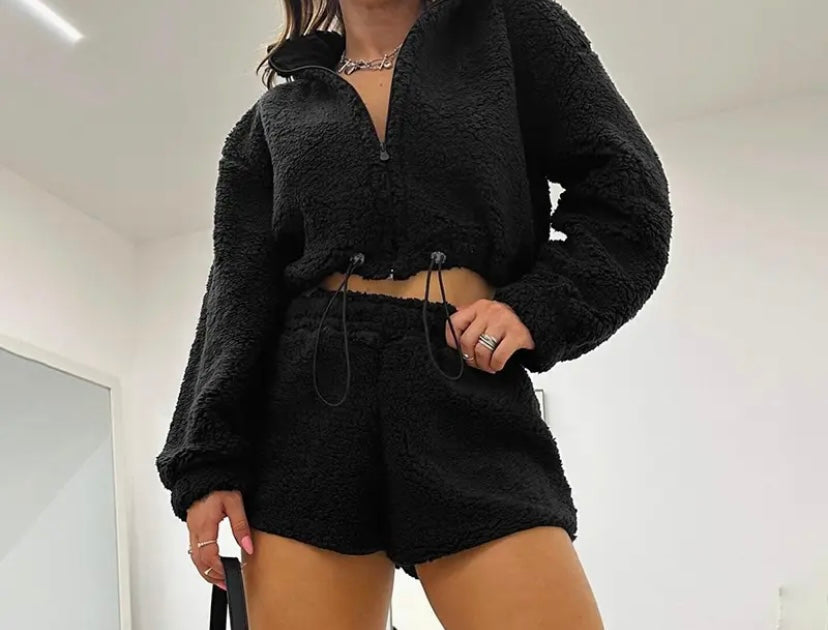 Women Zip Up Full Sleeve Fashion Two Piece Short Set